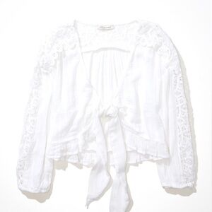 NWT American Eagle AE White V-Neck Lace Tie Front Blouse Boho Feminine Top Sz S